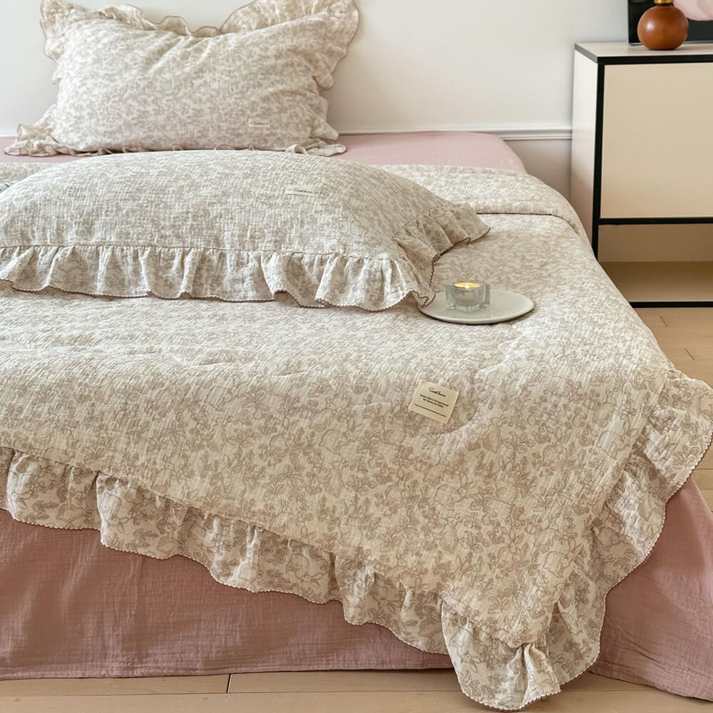 Woodland muslin quilt with ruffle edge, cotton bedding, woodland animal print