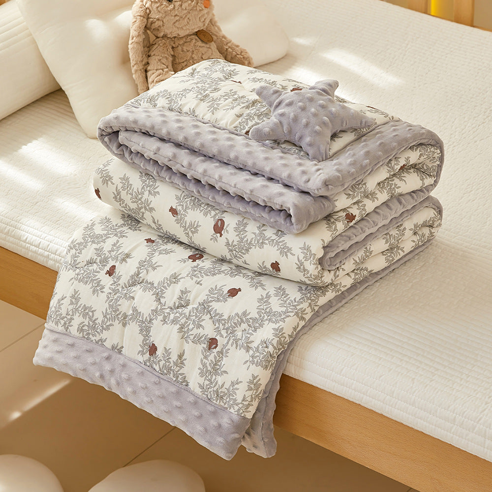 Flannel baby quilt with gray bird print and soft minky dot border – cozy toddler blanket with star pillow