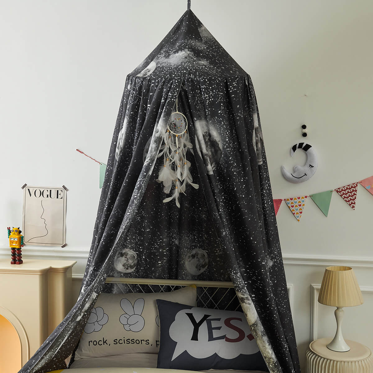 Close-up of the Black Galaxy Kids Bed Canopy, highlighting the detailed moon, stars, and an included feather dreamcatcher