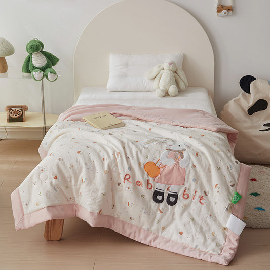 Cartoon toddler comforter with large embroidered bunny and mushroom print – front view