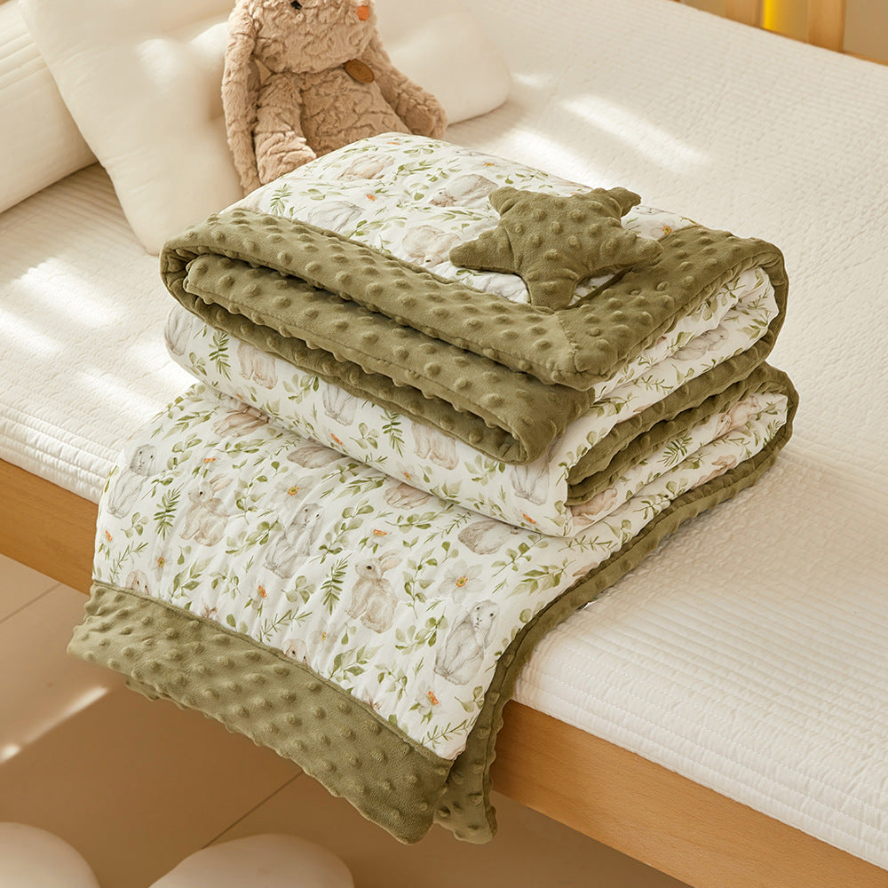 Baby quilt with bunny and leaf print – green minky dot trim toddler blanket with matching star plush