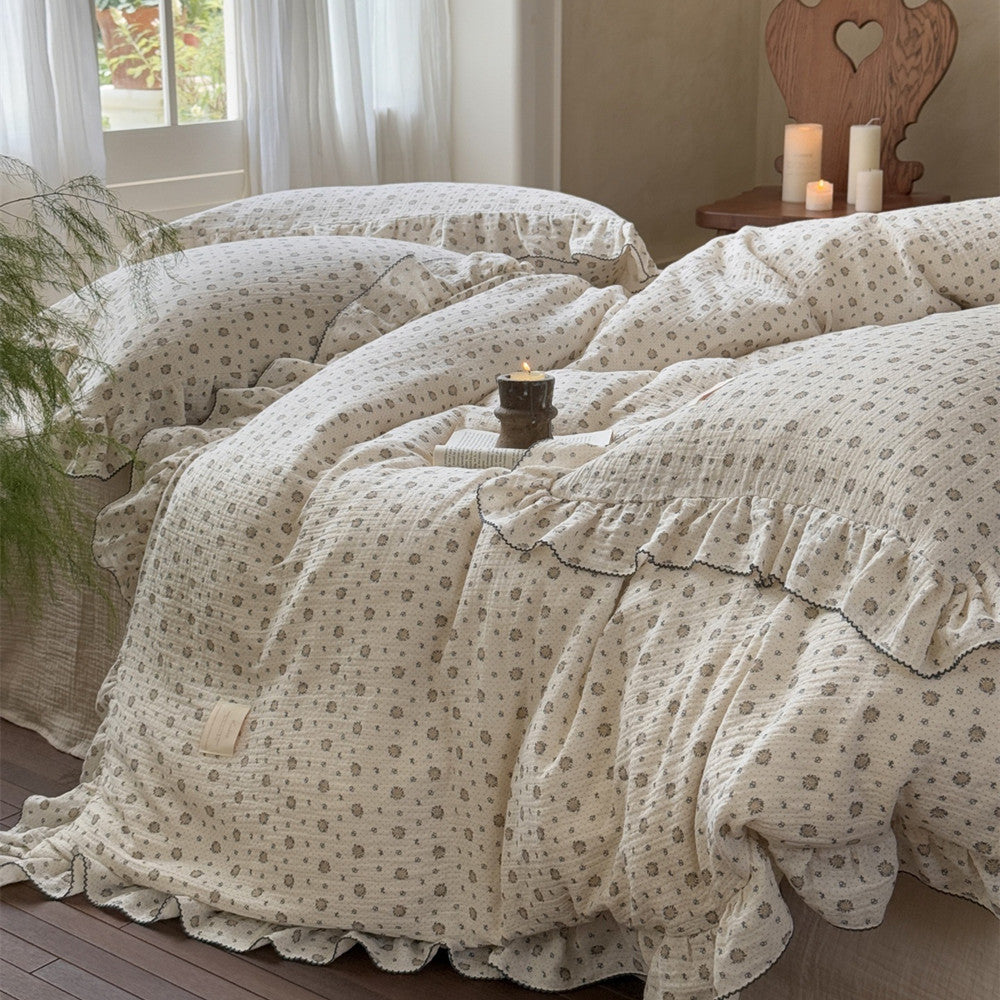 A cozy bedroom scene with two beds featuring the cotton muslin bedding set, showcasing a relaxed and elegant style.
