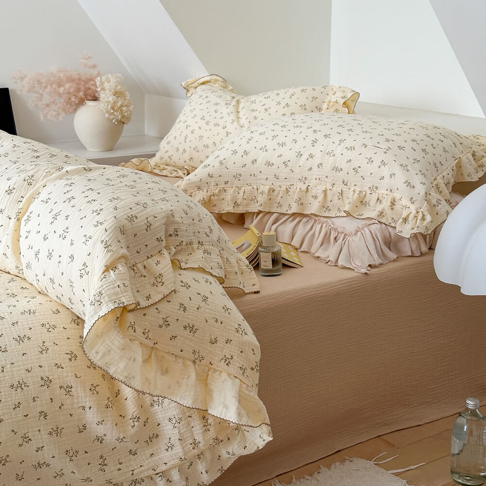 Pillowcase with ruffle trim matching olive green floral duvet cover