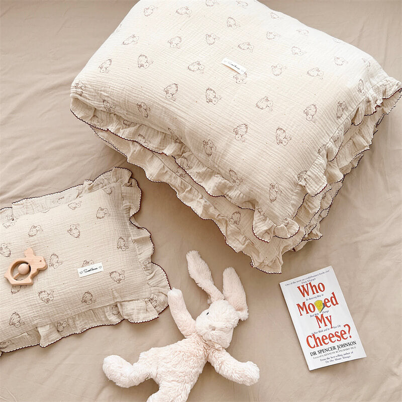 bunny print ruffled cotton muslin duvet cover set