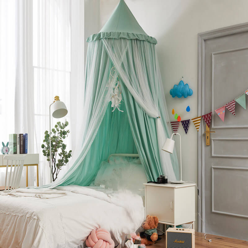Mint green double-layer kids bed canopy with ruffled trim, decorating a child's single bed for a serene nursery room look