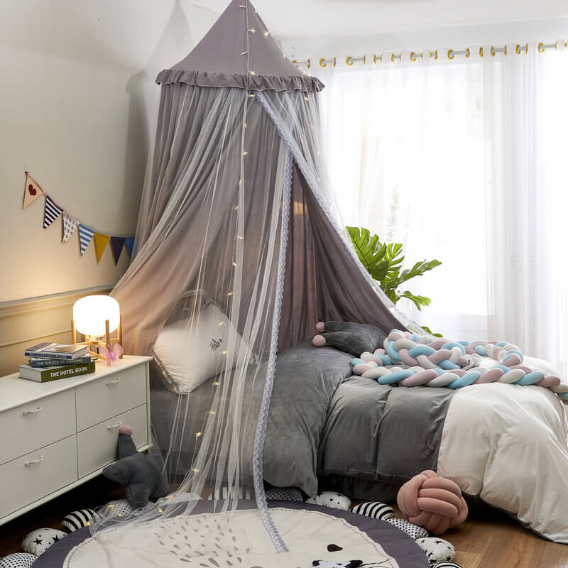 Gray double-layer kids bed canopy with string lights and a cozy reading corner, perfect for nursery or bedroom decor.
