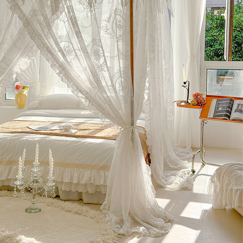 Floral Lace Bed Canopy Curtains – Romantic 4-Poster Bed Drapes