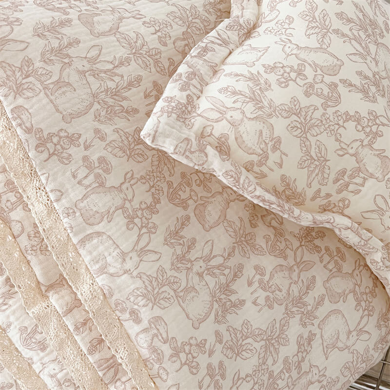 Cotton muslin baby comforter with bunny and mushroom print