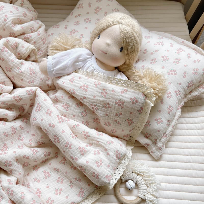 Floral Baby Comforter – Muslin with Lace Trim & Light Fill