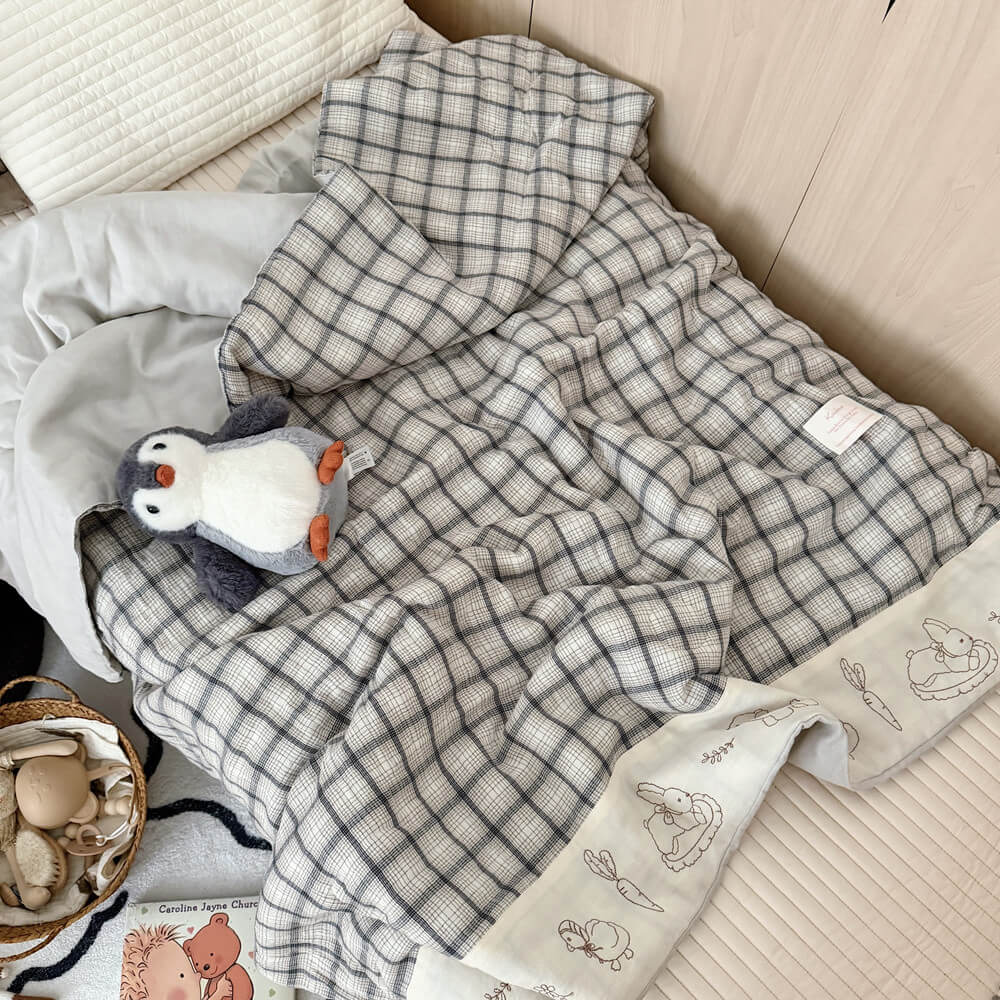 Gray Plaid Kids Comforter – Bunny Embroidery
