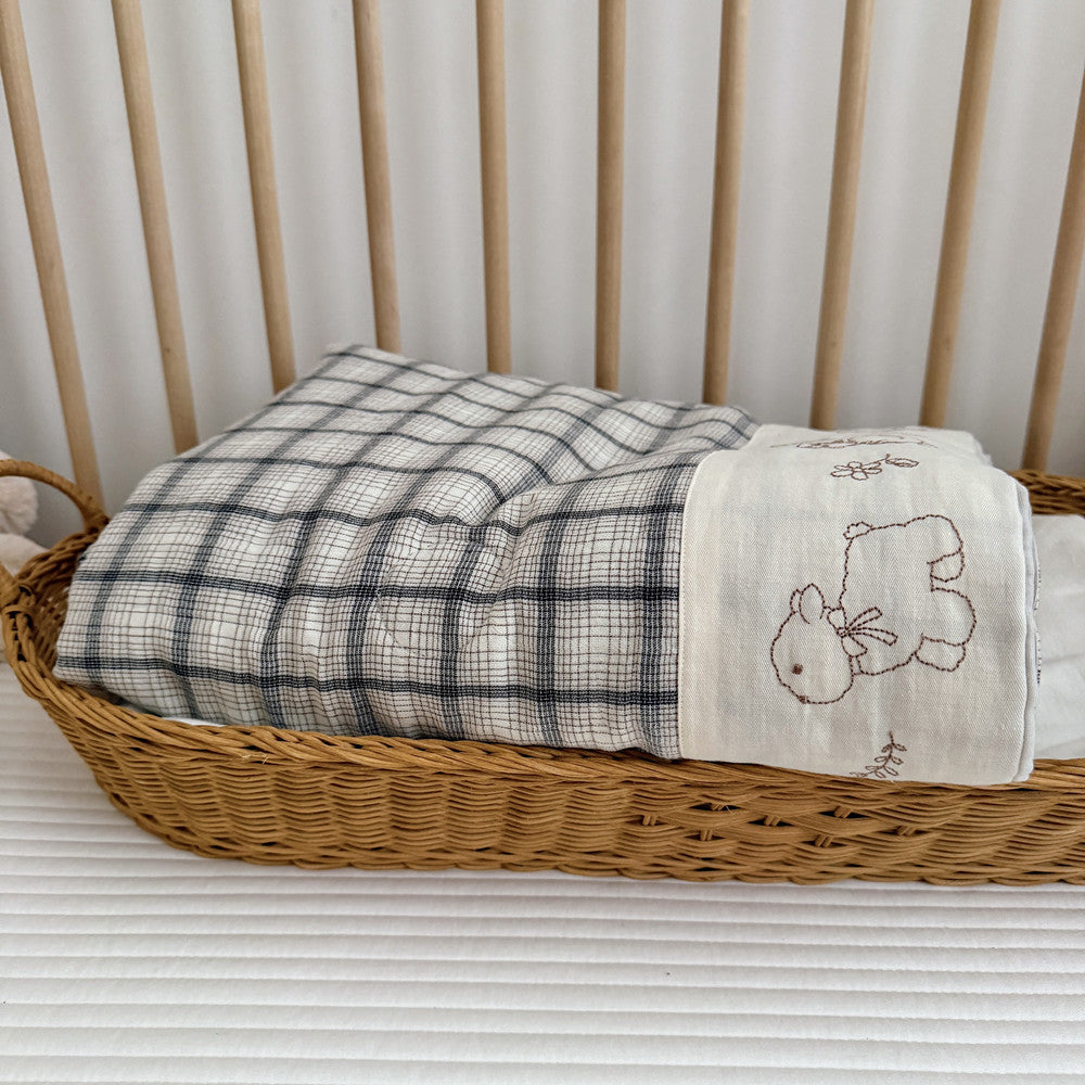 Gray Plaid Kids Comforter – Bunny Embroidery