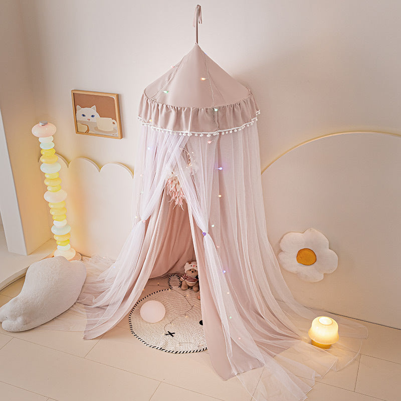over bed tent Kids Bed Canopy Tent with Pom-Pom Trim – Mesh Canopy for Kids’ Room Dusty Pink