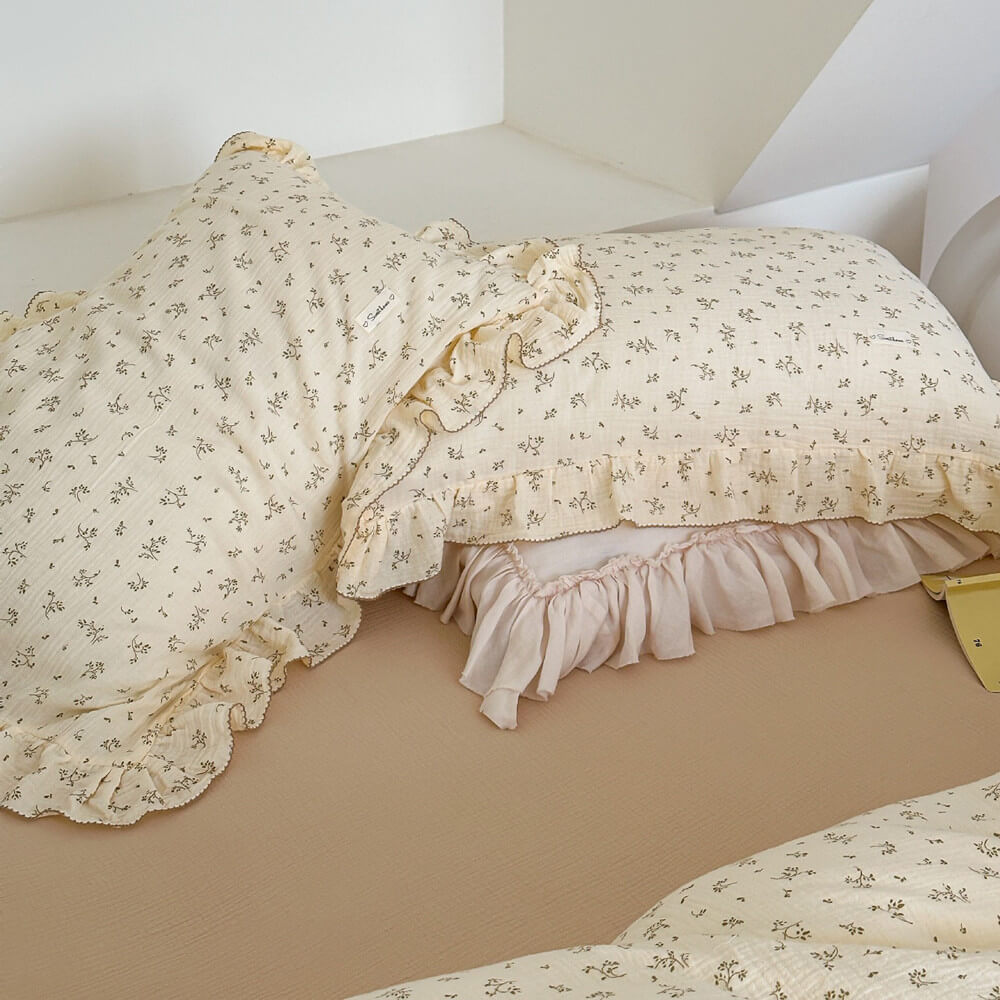 Cotton muslin duvet cover with olive green floral print and ruffle trim – twin and queen size