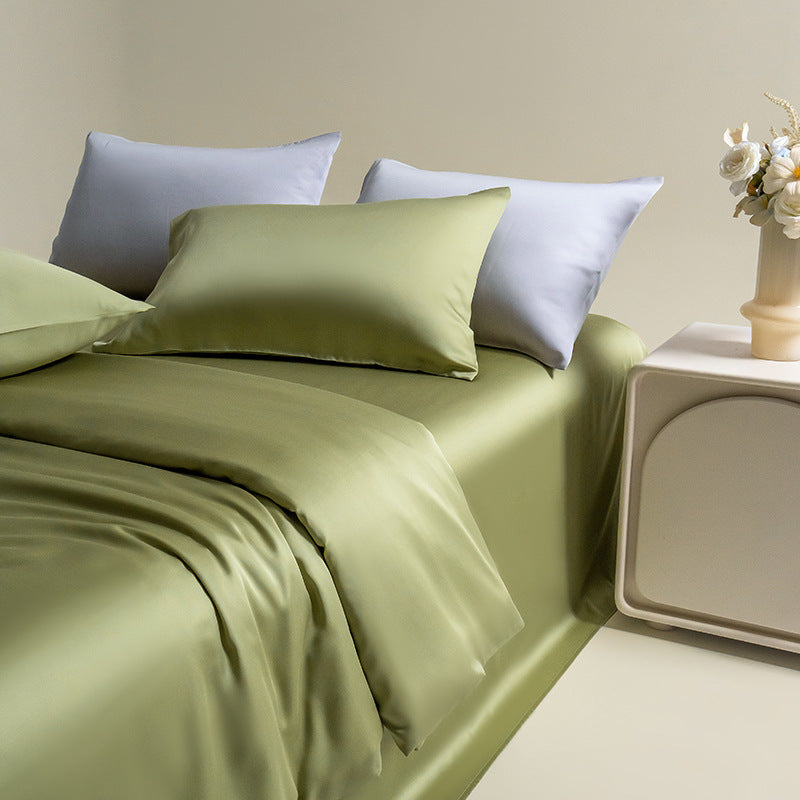 Twin-size silky Lyocell bedding set in a luxurious olive green, complemented by matching colored pillowcase and flat sheet, for a fresh and modern look