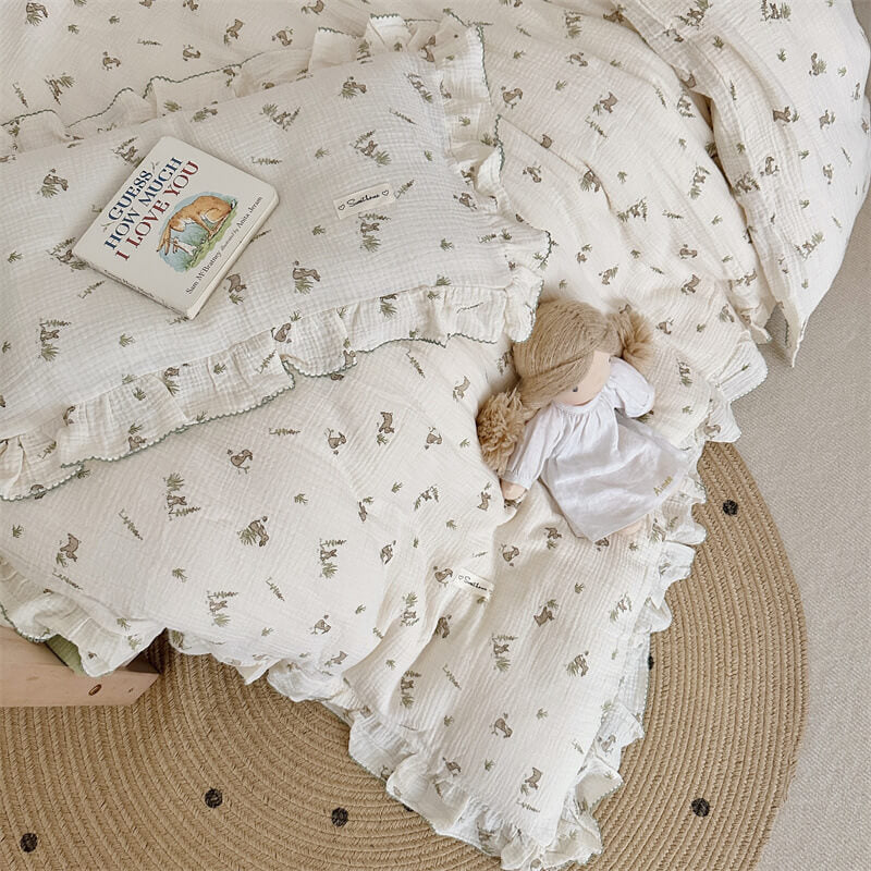 Bunny print muslin bedding set styled in a toddler bedroom
