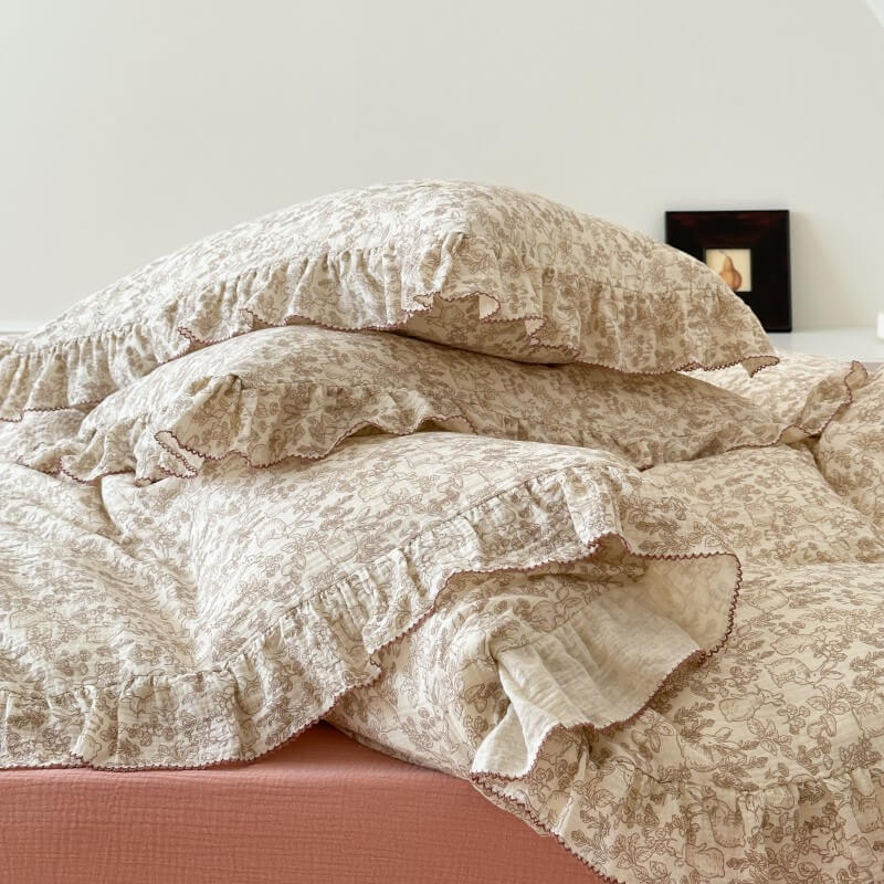 Overlooking shot: woodland bedding set, dusty rose sheet, ruffled pillowcases