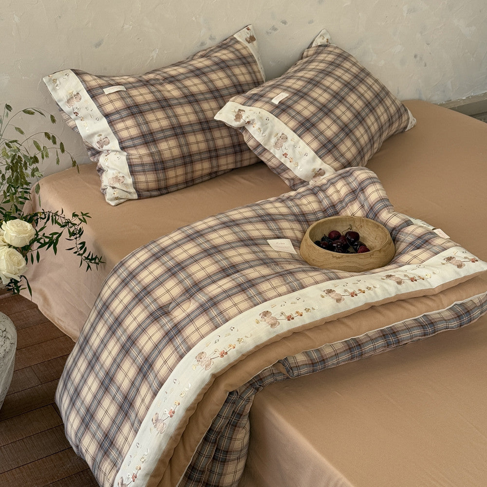 Plaid Cotton Muslin Comforter with Bear Embroidery