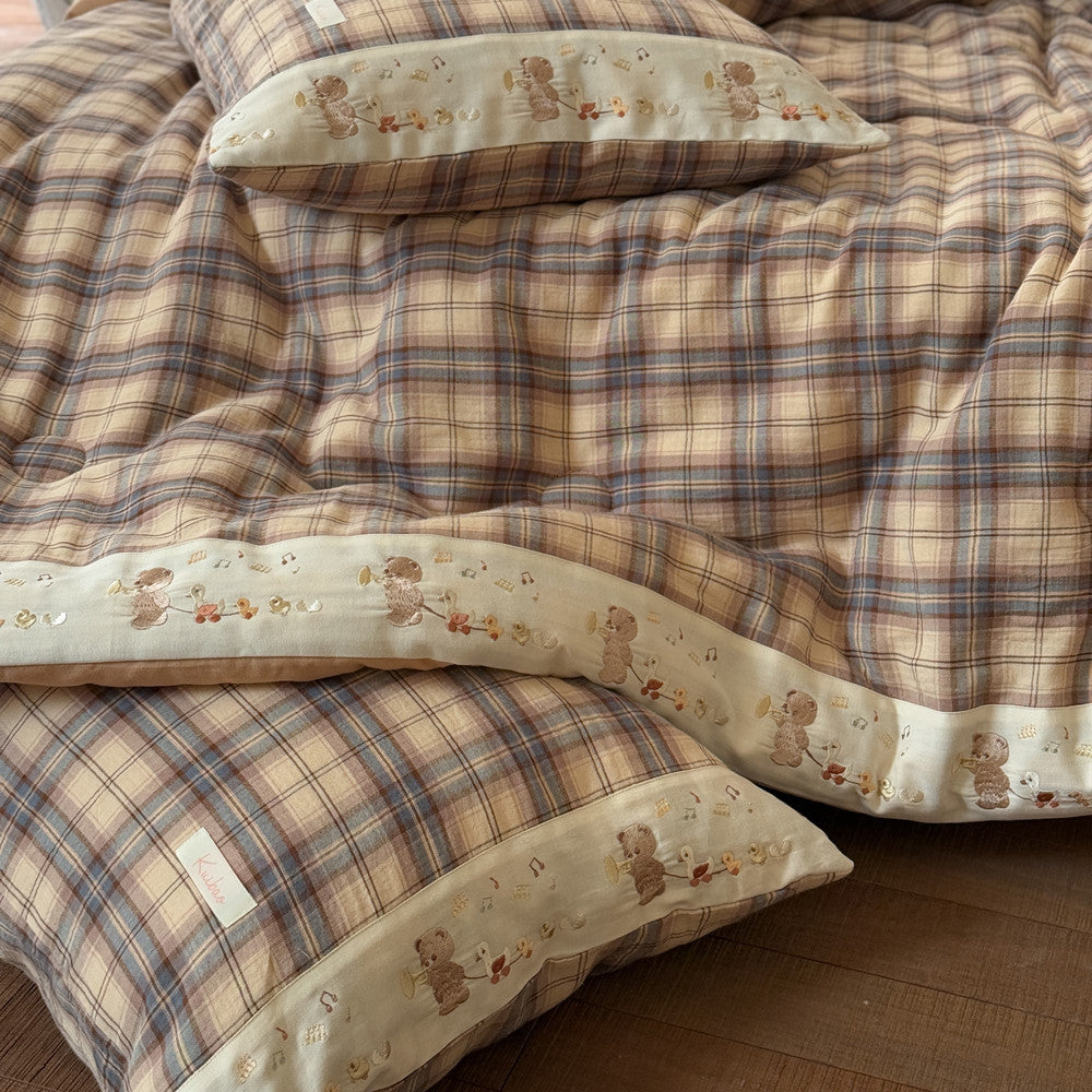 Plaid Cotton Muslin Comforter with Bear Embroidery