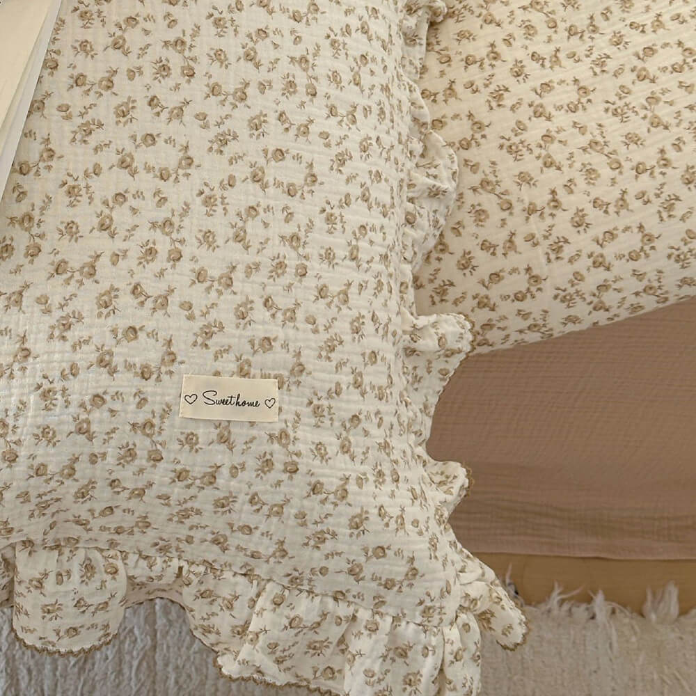 cotton muslin Camellia floral duvet cover set with ruffled pillowcase and sand flat sheet