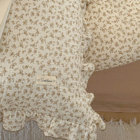 cotton muslin Camellia floral duvet cover set with ruffled pillowcase and sand flat sheet
