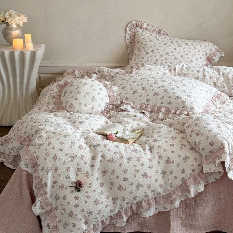 Queen Floral Bedding Set – Ruffled Cotton Muslin, Pink Flower