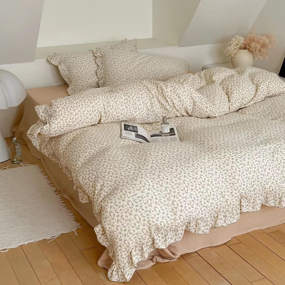 Romantic camellia flower bedding set in cream and beige