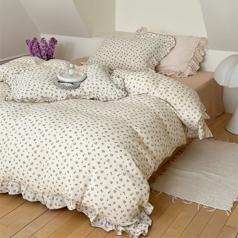Rose floral ruffle pillowcase and flat sheet, vintage cottage style