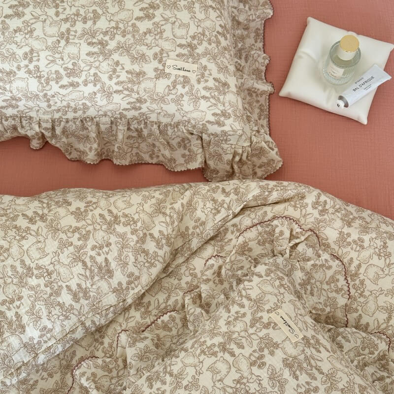 Woodland Muslin Bedding Set – Ruffled Cotton Duvet Cover , pillowcase and dusty rose flat sheet