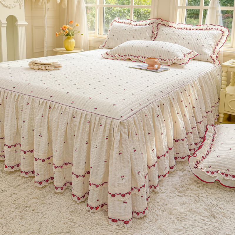 Quilted Ruffled Bed Skirt with Floral Lace Trim