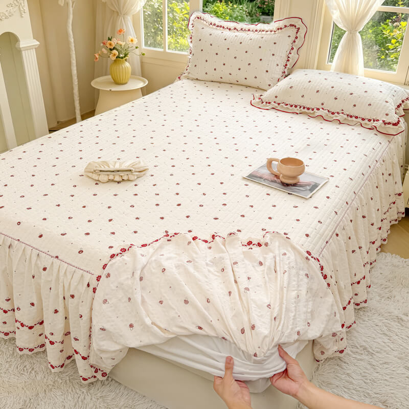 Quilted Ruffled Bed Skirt with Floral Lace Trim