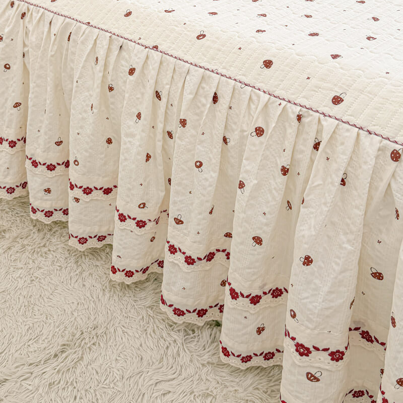 Quilted Ruffled Bed Skirt with Floral Lace Trim