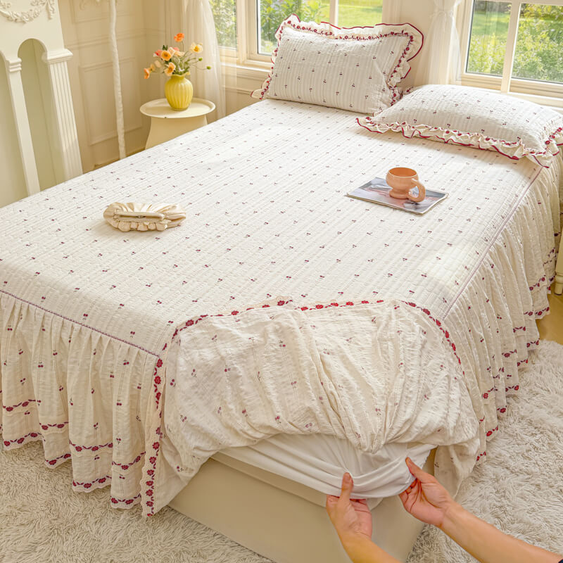 Quilted Ruffled Bed Skirt with Floral Lace Trim