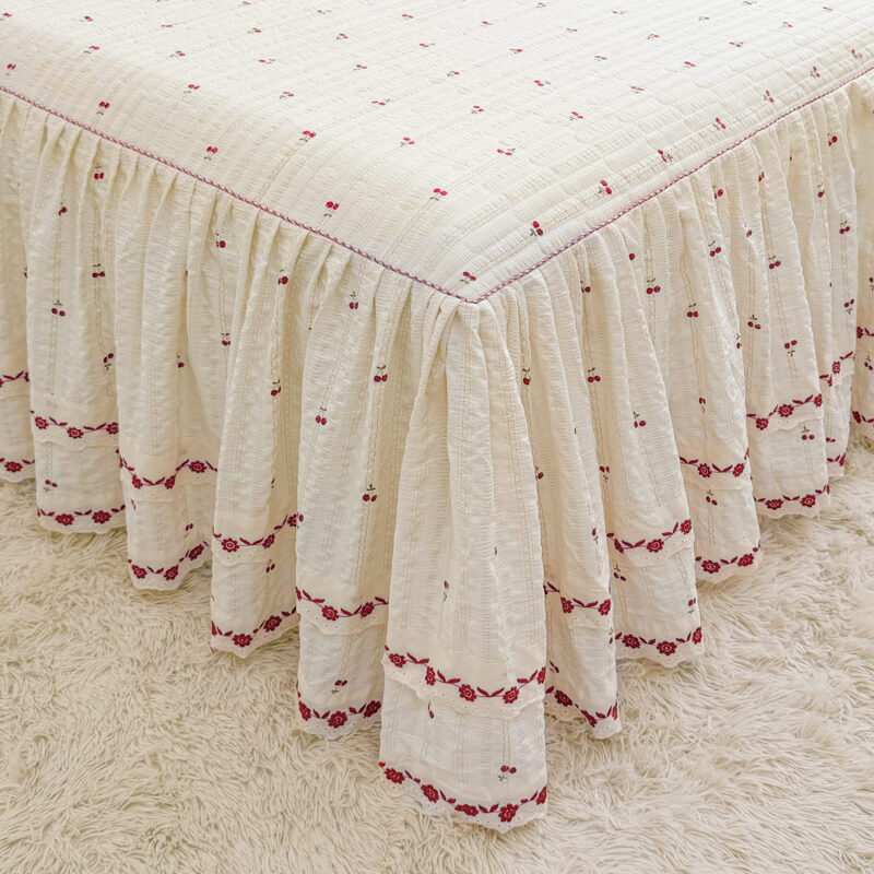 Quilted Ruffled Bed Skirt with Floral Lace Trim