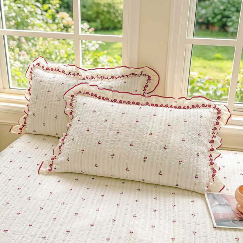 Quilted Ruffled Bed Skirt with Floral Lace Trim