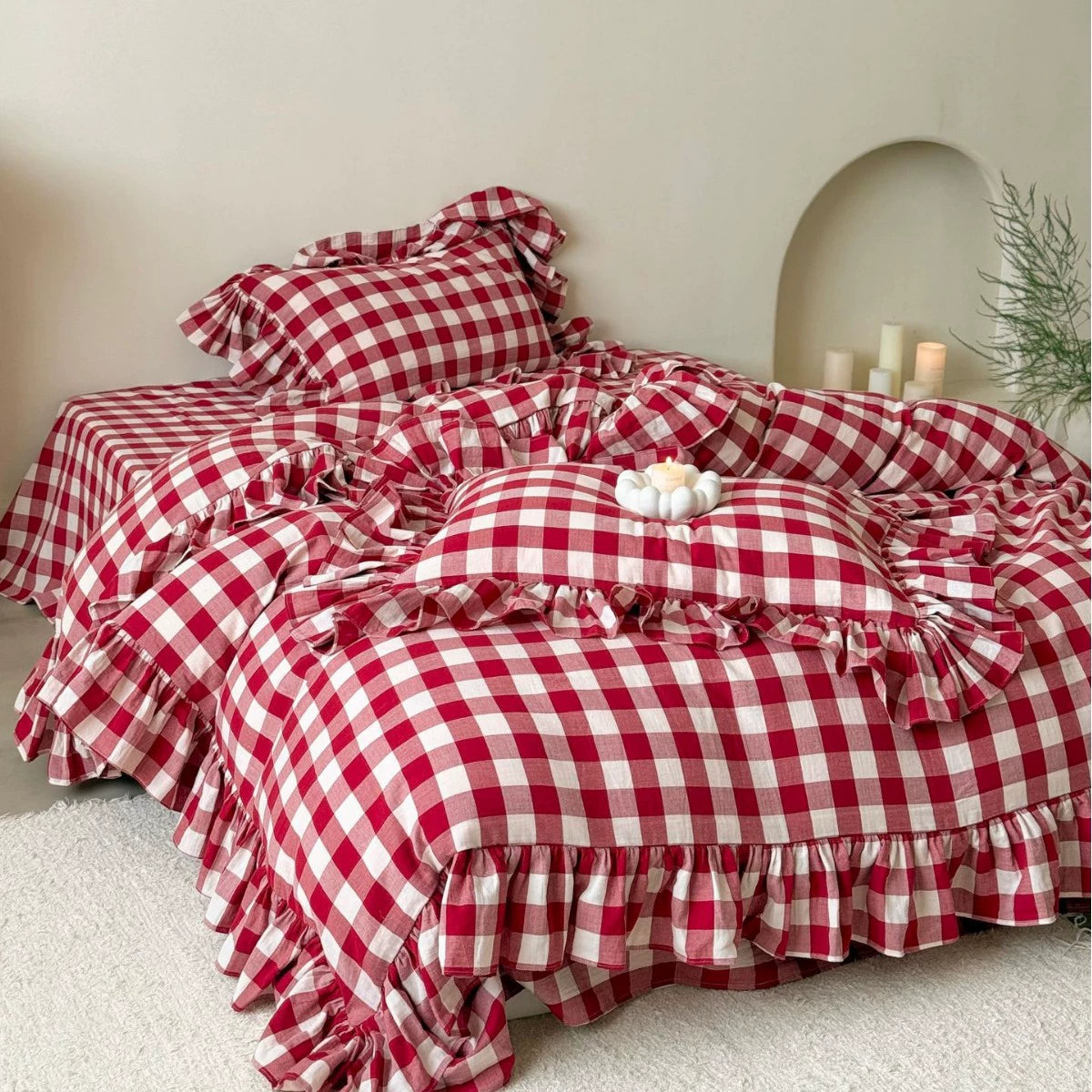 Red Gingham Muslin Bedding Set – Ruffled Vintage Elegance