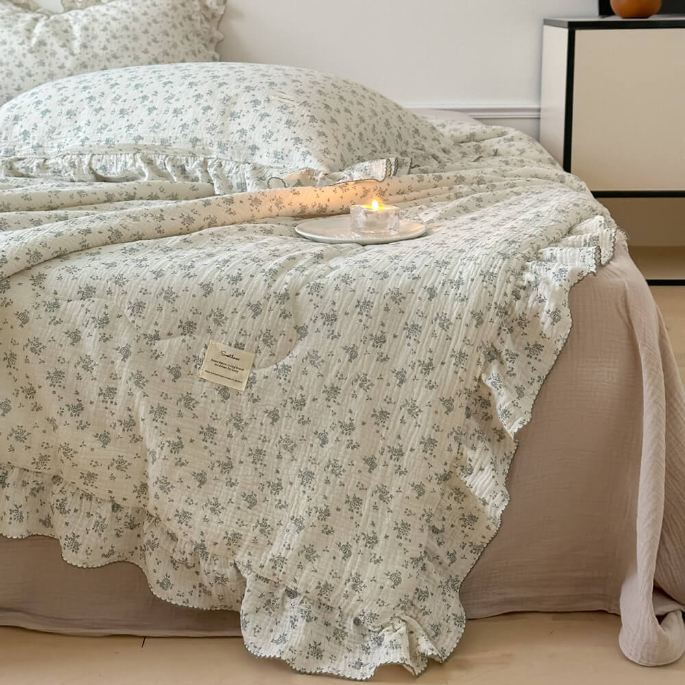 Sage Green Floral Muslin Quilt – Ruffle Edge Cotton Bedding