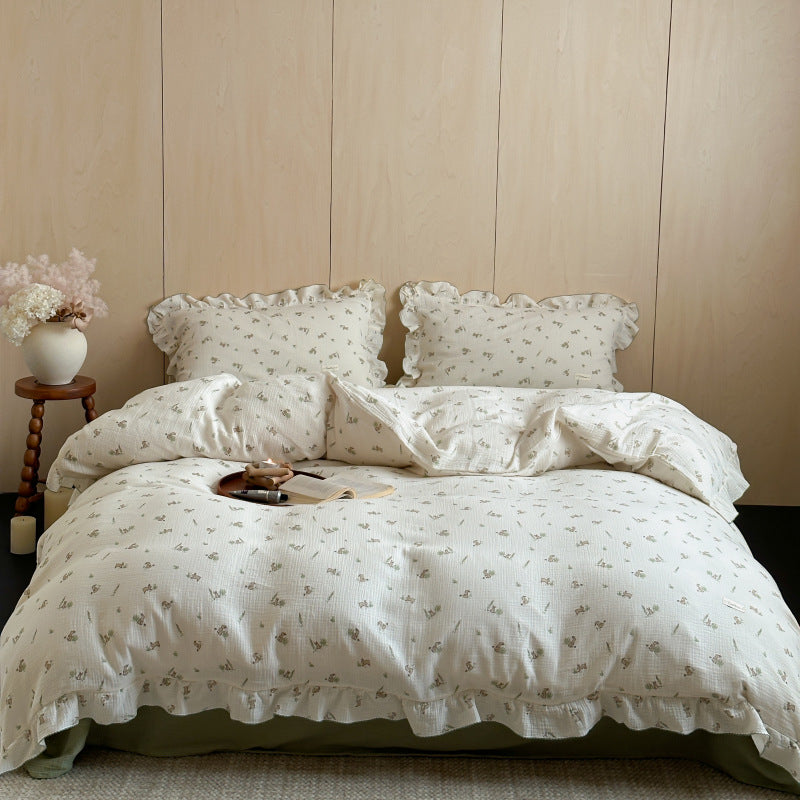 a bedroom styled with bunny muslin duvet set