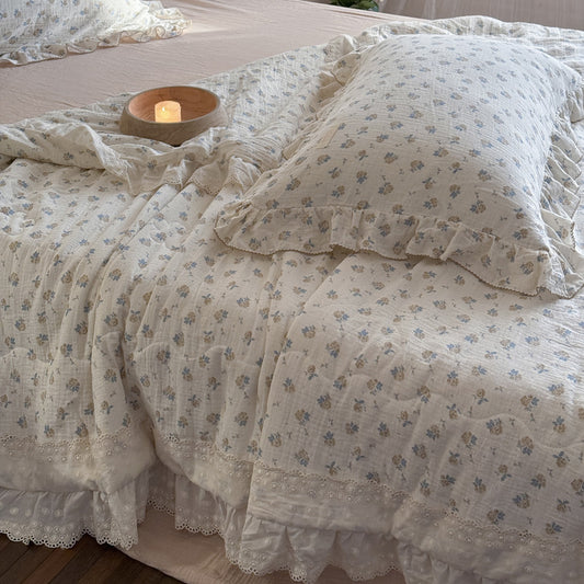 Morning sunlight on Ruffled Cotton Gauze Comforter and romantic styling