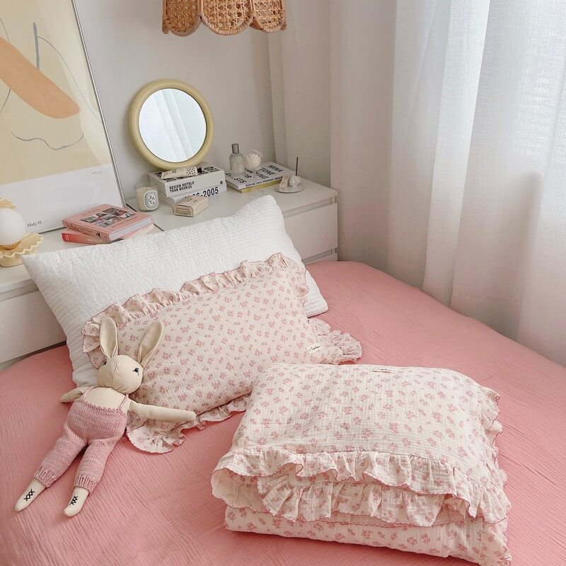 floral muslin fabric with pink ruffles and soft crinkle texture
