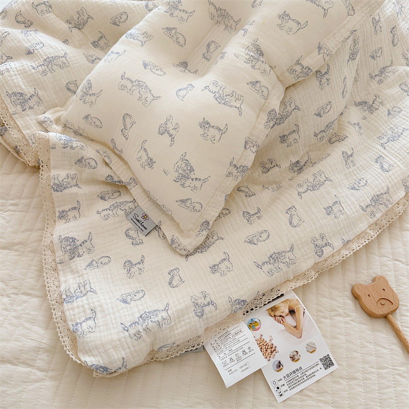 Kitty print cotton muslin comforter and pillow set for kids, showing breathable fabric and delicate lace trim