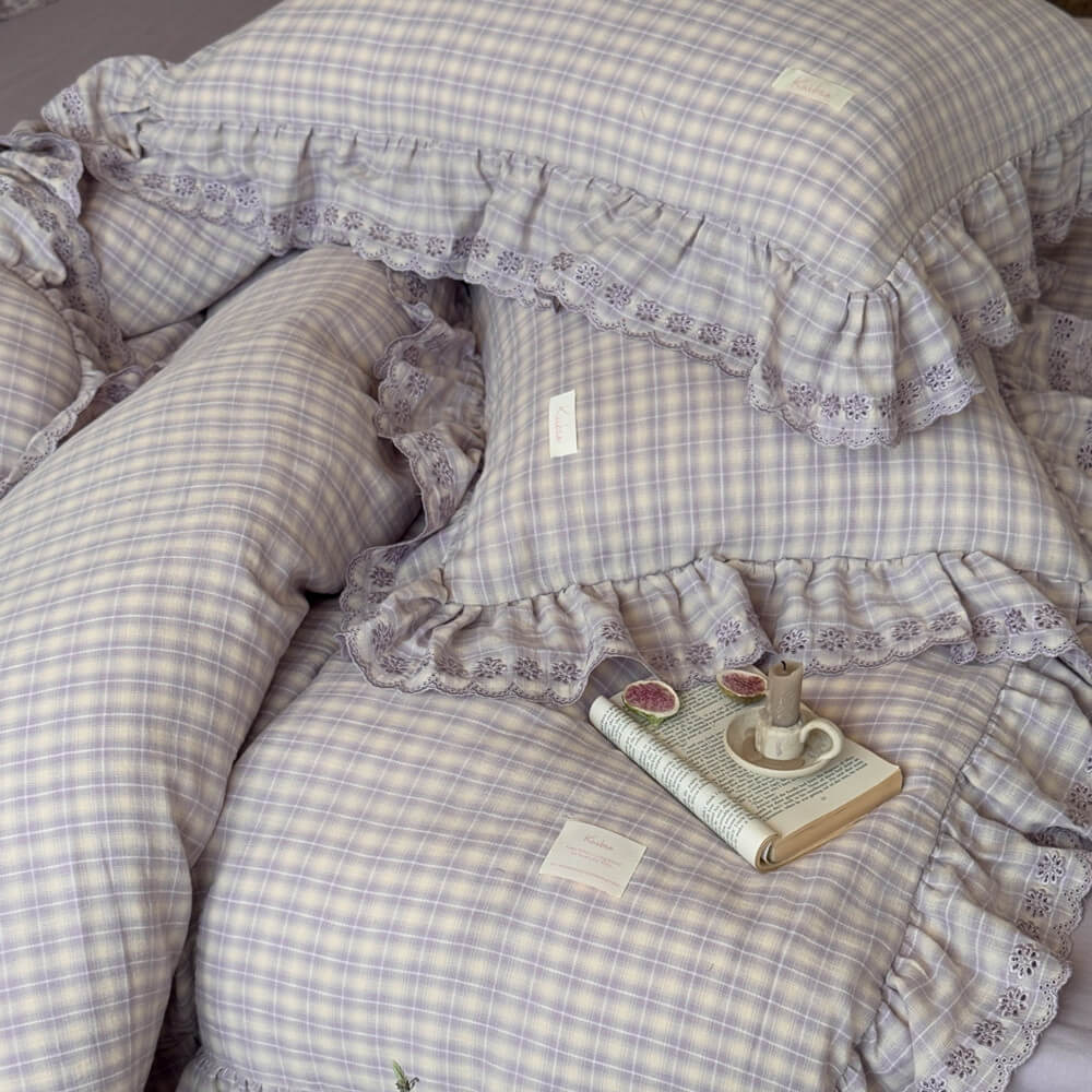 Soft cotton muslin lavender plaid bedding set with matching pillowcase
