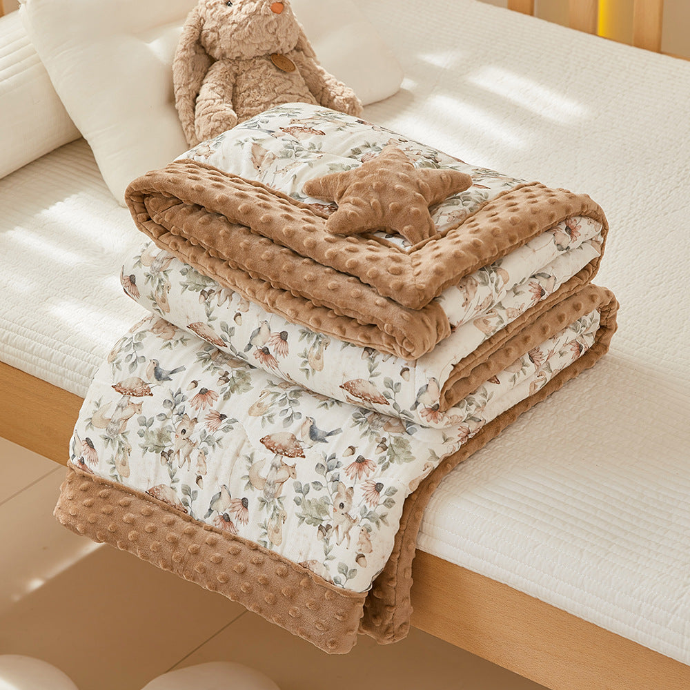 Baby quilt with woodland animals and floral print – brown minky dot trim toddler blanket with star pillow
