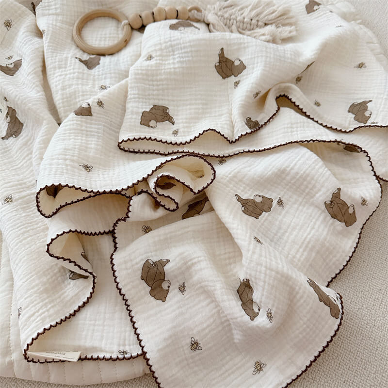 Cotton Muslin Baby Blanket Brown Bear Print