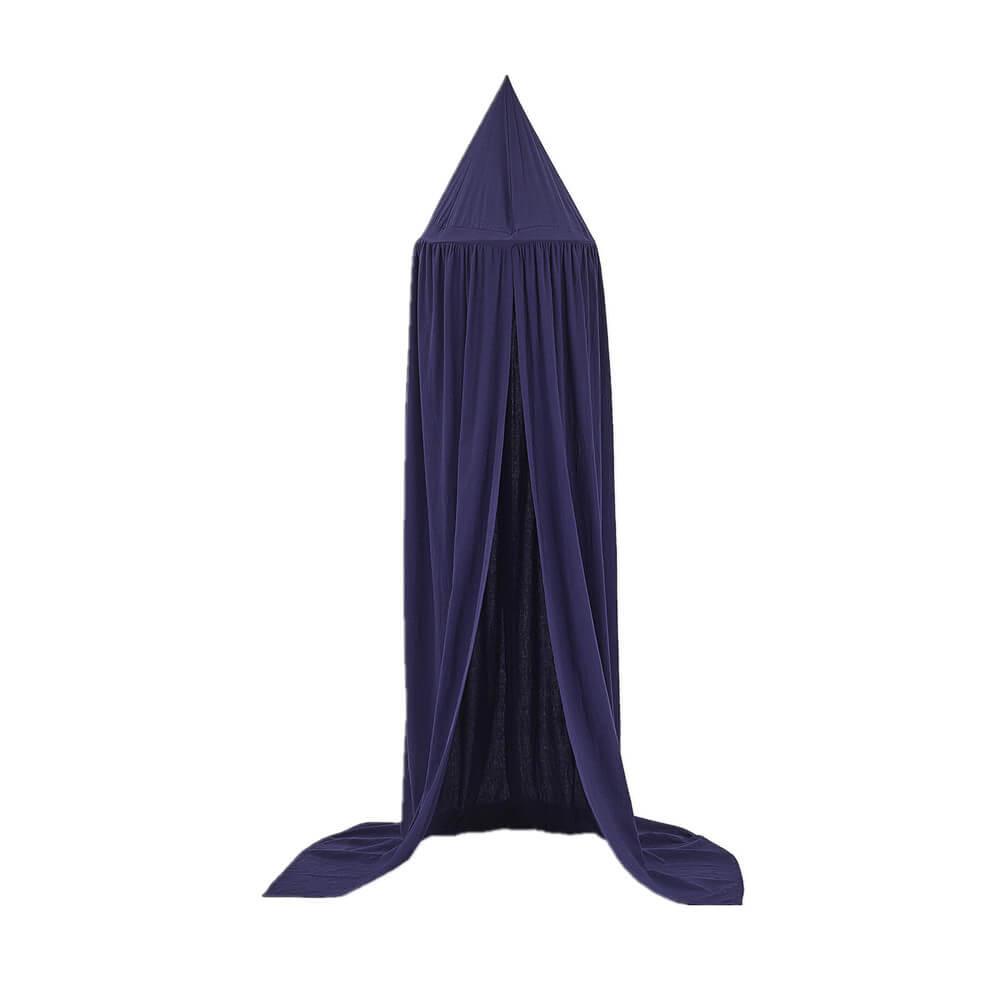 Navy blue solid color baby bed canopy for a nursery.