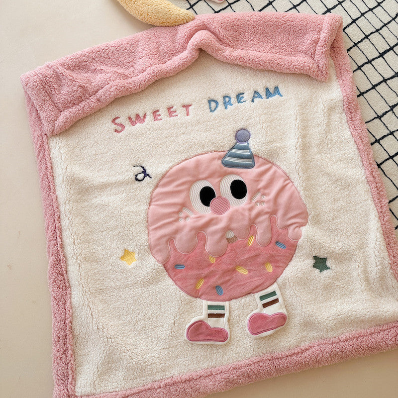 lush pink sherpa blanket with a donut character and "Sweet Dream" text