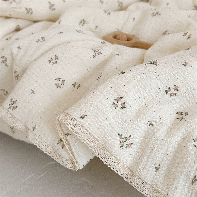 fabric detailes for Cotton Muslin Baby Quilt – Primrose Floral & Lace Trim
