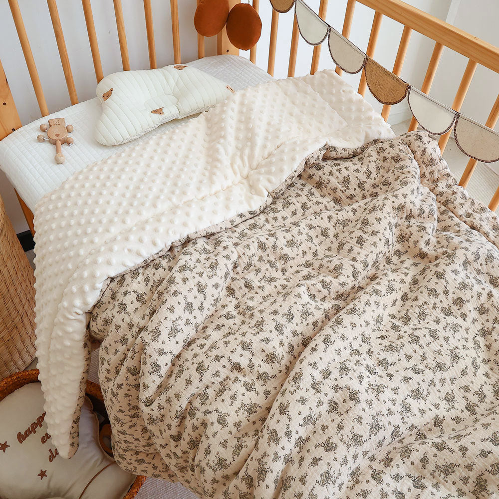 Cotton baby blanket with soft minky fleece back