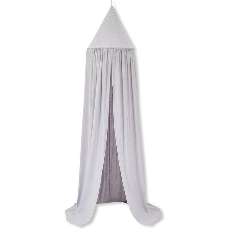 Light gray solid color cotton crib canopy for indoor use.