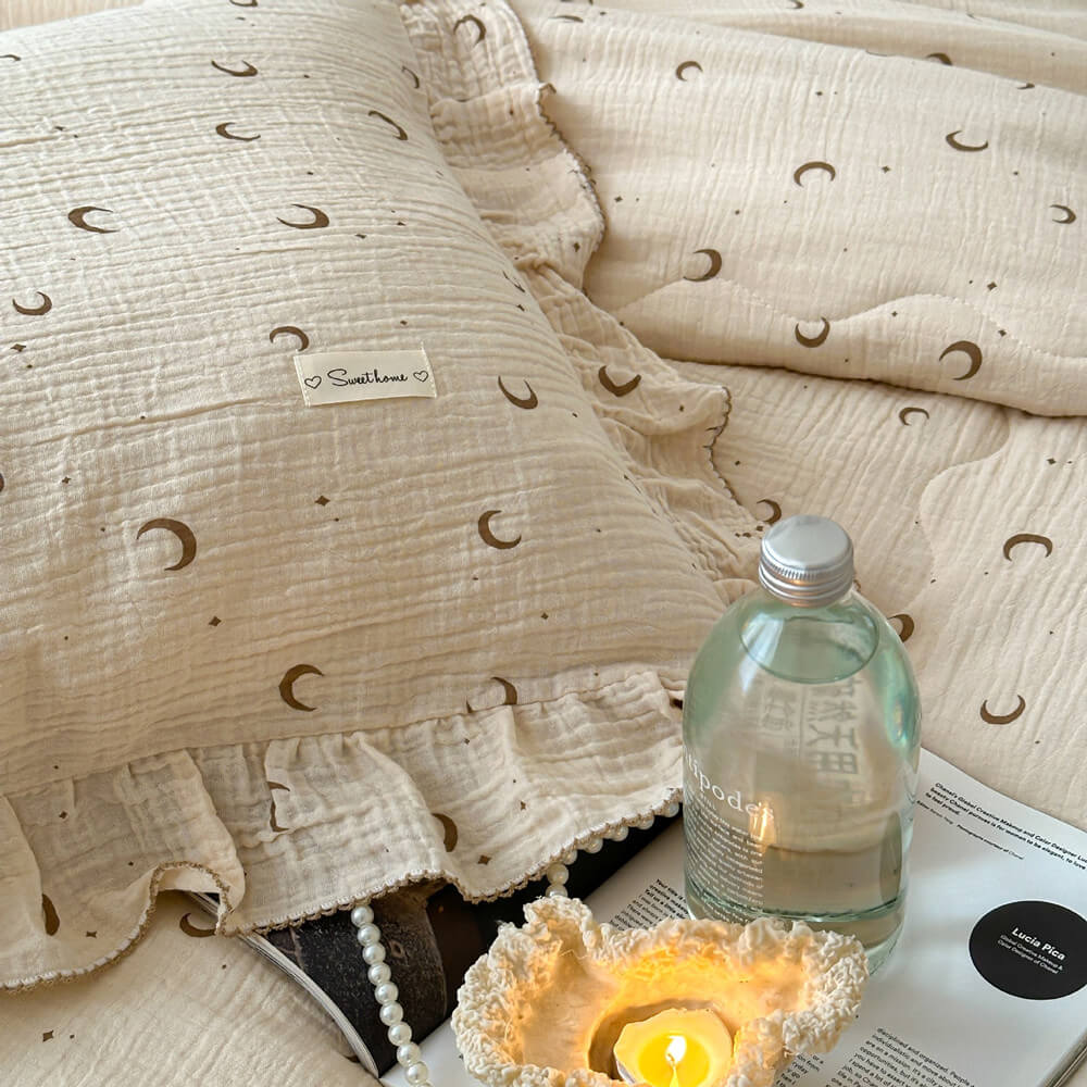 moon and star ruffle pillowcase, cotton gauze fabric
