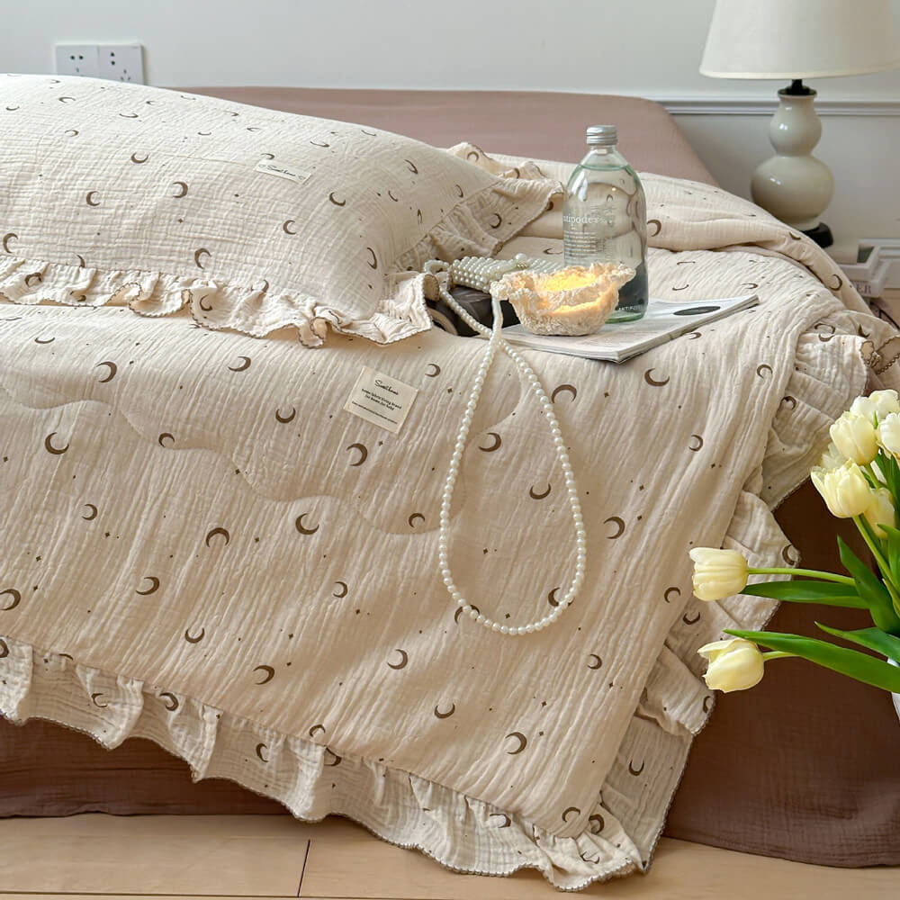 moon and star muslin quilt with ruffle edge, soft cotton gauze bedding